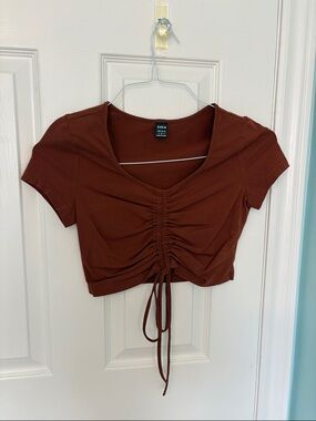 SHEIN Rust Brown Ruched Drawstring Crop Tee